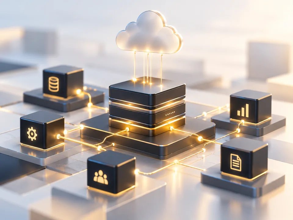 Concept illustration of connected enterprise systems and cloud services