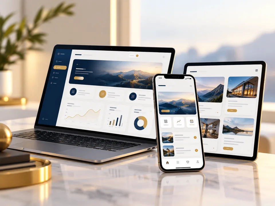 Concept illustration of applications across laptop, phone, and tablet